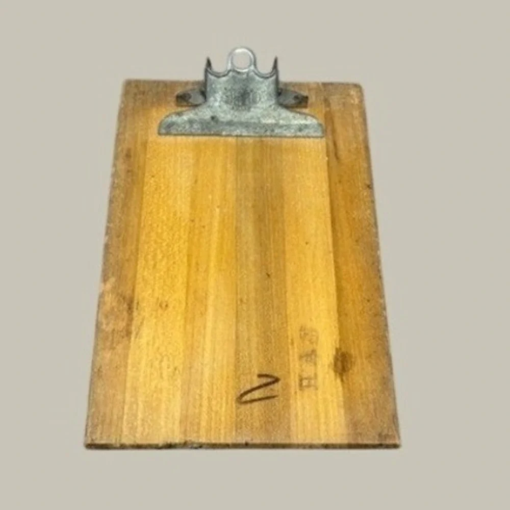 Vtg 60s Sten-Co Clipboard Wood Brown Industrial Slatted Metal Clip Dallas 7x5